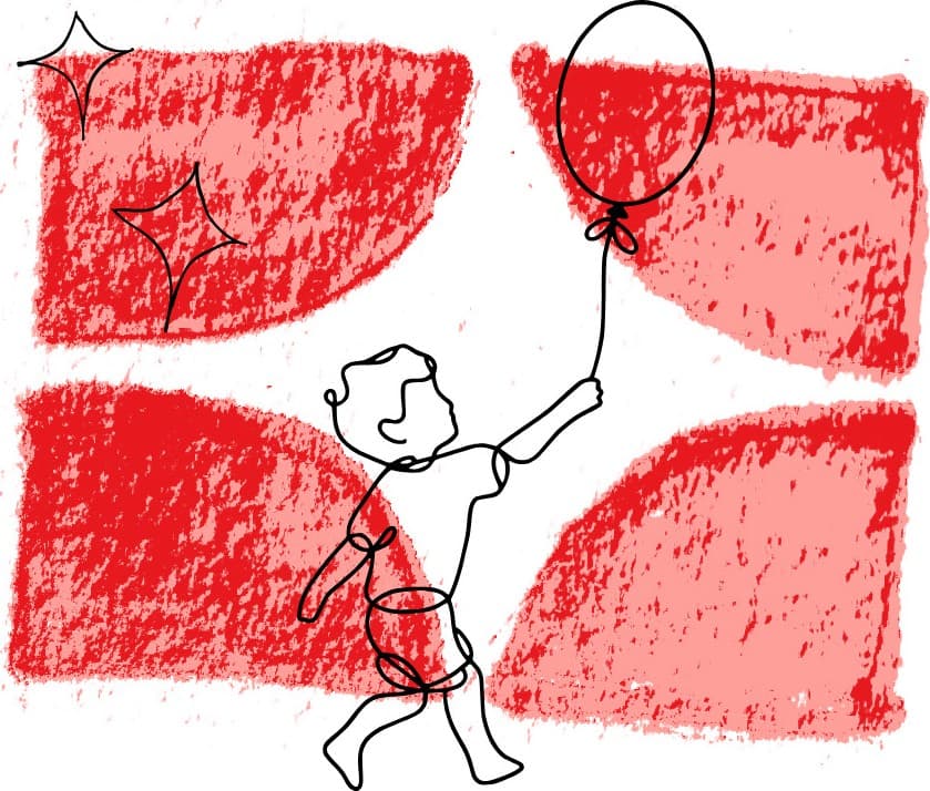 Kırmızı pastel boya zemin üzerinde, tek çizgiyle çizilmiş, balon tutan bir çocuk illüstrasyonu